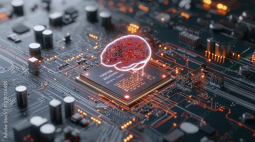 Poster cyberpunk style depiction of an ai powered brain seamlessly integrated with a complex digital circui