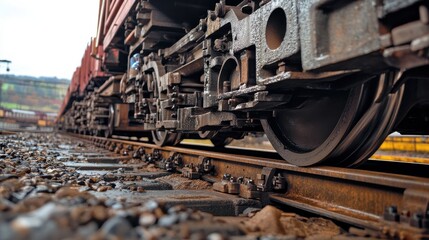 Complex engineering of a train undercarriage on tracks, showcasing the intricate mechanics of rail transportation in detailed perspective.