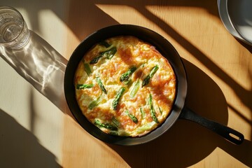 A vibrant asparagus and bok choy frittata viewed from above exhibits a masterpiece in food photography. The intricate layerings and dynamic composition emphasize the harmony of flavors in this dish.