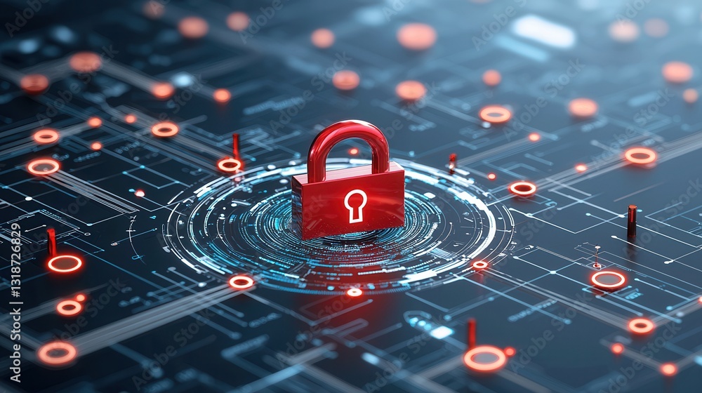 Poster cybersecurity and ai driven protection concept featuring a locked padlock and digital data elements 