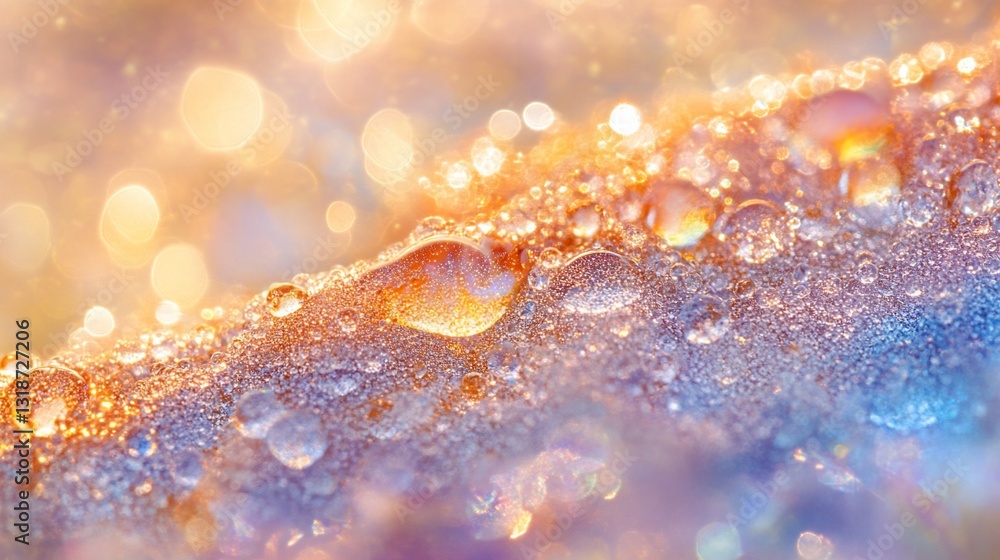 Poster dewdrops glimmer on a textured surface, illuminated by golden light, creating bokeh