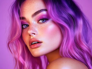 Fototapeta premium Stunning Woman with Vibrant Purple Hair in a Studio Portrait, Symbolizing Beauty, Confidence, and Modern Style. Ideal for Hair Styling Ads, Beauty Blogs, Fashion Magazines, and Cosmetic Campaigns.