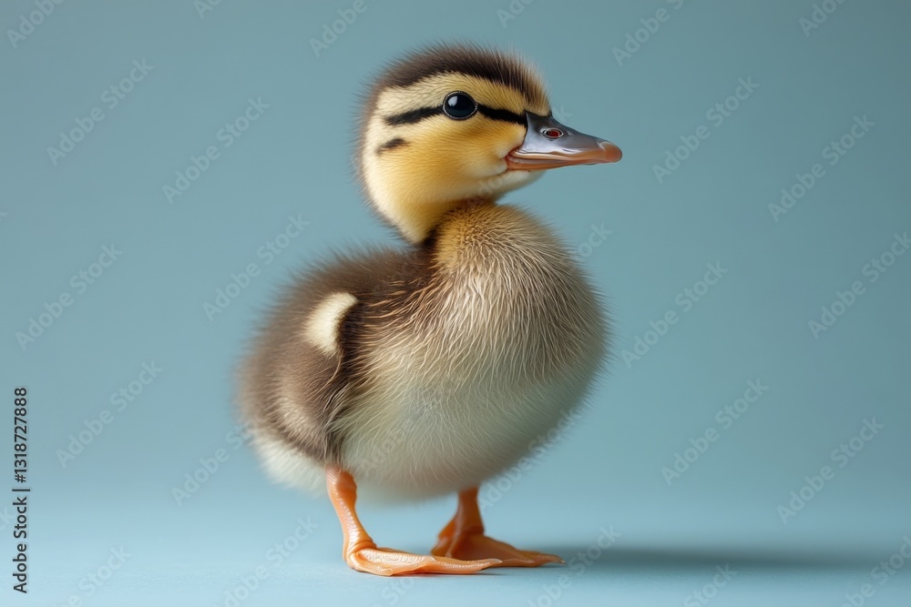 Poster adorable duckling standing upright on a soft blue background during a bright day in a studio setting