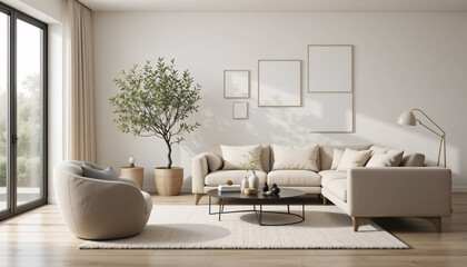 Minimalist Living Room with Neutral Furniture, Wooden Flooring, and Bright Natural Light