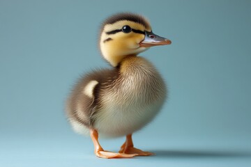Fototapeta premium Adorable duckling standing upright on a soft blue background during a bright day in a studio setting