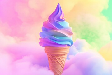 A pastel rainbow swirl soft serve ice cream in a waffle cone, set against a dreamy, colorful background.