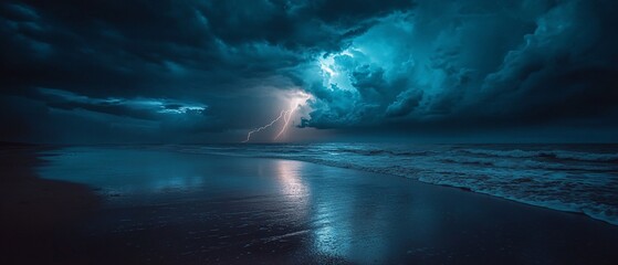 Naklejka premium Dramatic storm over ocean with lightning strikes reflecting on wet sand