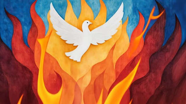Pentecost Sunday Flames with Descending Dove Symbolizing the Holy Spirit in Vibrant Fiery Colors Against a Blue Background