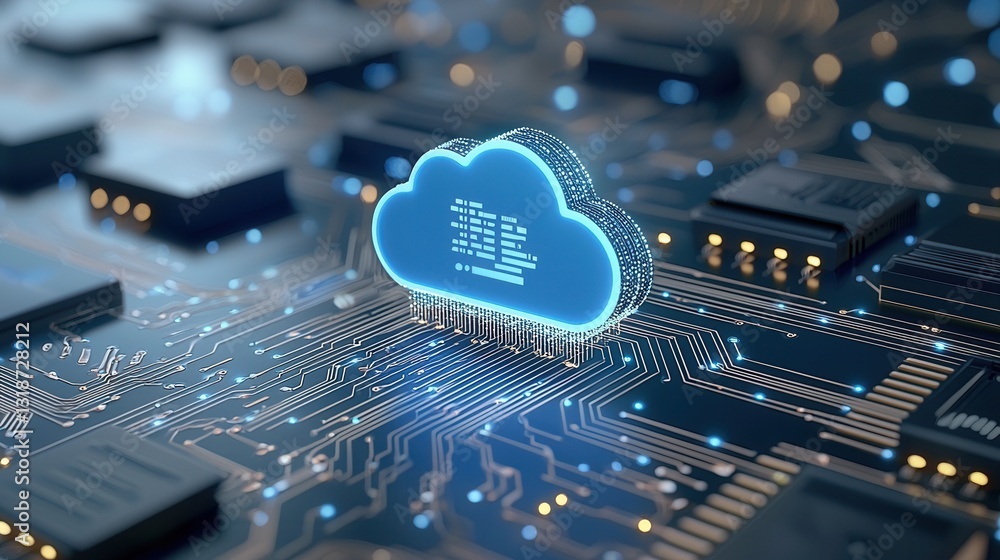 Poster futuristic data driven cloud technology concept showcasing electronic circuits digital connections a
