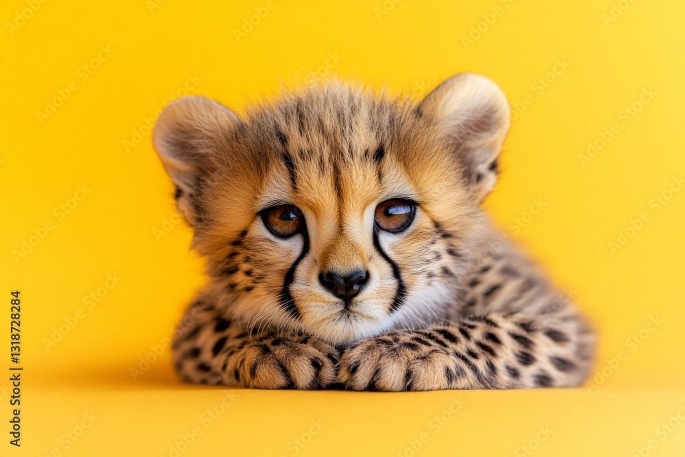 Poster cheetah cub resting on a yellow background with a curious expression in a playful mood