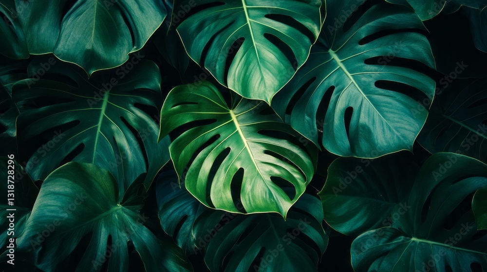 Poster a dense array of glossy monstera leaves fills the frame, their distinctive cuts and vibrant hues ill