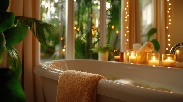 Indulge in a Serene Bathroom Oasis Discover Relaxation with Candles, Fluffy Towels, and a Luxurious Bath Setup Embrace a Cozy Lifestyle Filled with Harmony and Self-Care Find Your Inner Peace in This