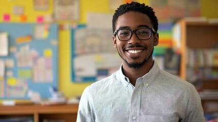 Fototapeta premium Educator smiling in a vibrant classroom setting