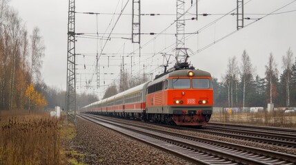 Obraz premium Train travels along railway lines below intricate overhead electric lines in autumnal landscape