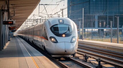 Fototapeta premium High-Speed Train Arriving at Modern Station, Waiting for Passengers