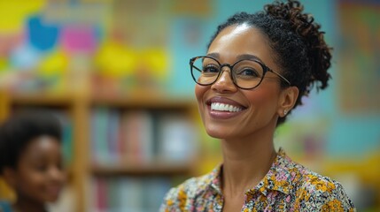 Smiling teacher in a vibrant classroom setting