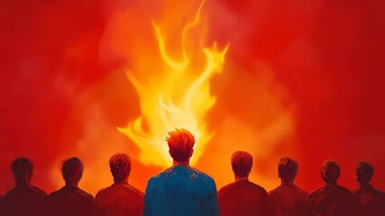 The Holy Spirit Descending on Apostles with Vibrant Red and Orange Flames at Pentecost