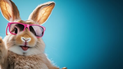 Rabbit wearing pink sunglasses and a smile. The rabbit is looking at the camera. The image has a playful and lighthearted mood