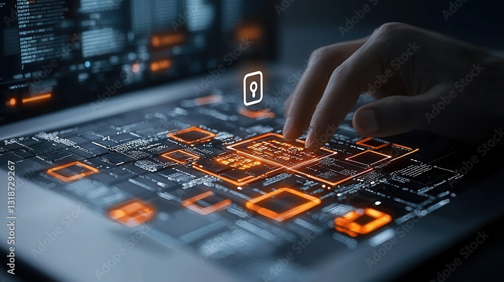 Poster close up shot of a coder s hands interacting with a highly detailed futuristic technology interface 