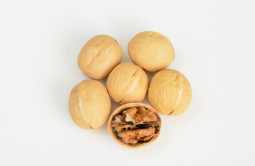 Walnuts in Shell isolated on white top view