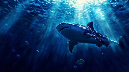 Fototapeta premium Whale Shark Conservation concept A whale shark swims gracefully in shimmering blue waters illuminated by light beams.