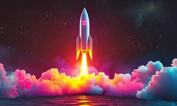 Retro-styled rocket launch with vibrant pink smoke billowing from the base as the spacecraft ascends into the colorful cosmic sky.