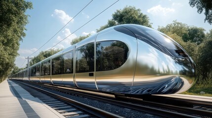 Fototapeta premium Sleek Futuristic Train Design with Polished Exterior and Modern Aesthetic on Railway Tracks