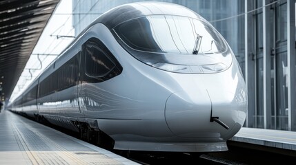 Sleek and modern high-speed train with an aerodynamic design, showcasing advanced engineering and transportation technology.