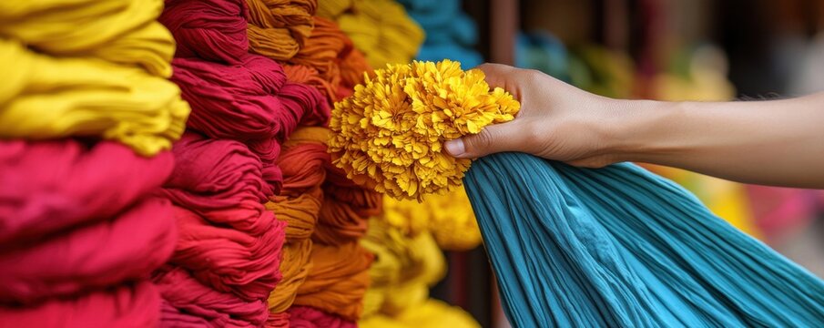 Explore vibrant textiles in this captivating image, where hues of yellow, red, orange, and turquoise intertwine to evoke a sense of joyful artistry Imagine Laughter echoing in an open field, filled - Powered by Adobe