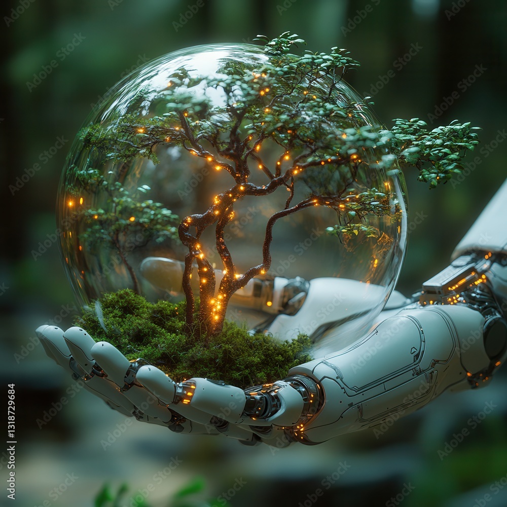 Poster a robotic hand tenderly supporting an enchanted futuristic glowing sphere surrounded by lush foliage