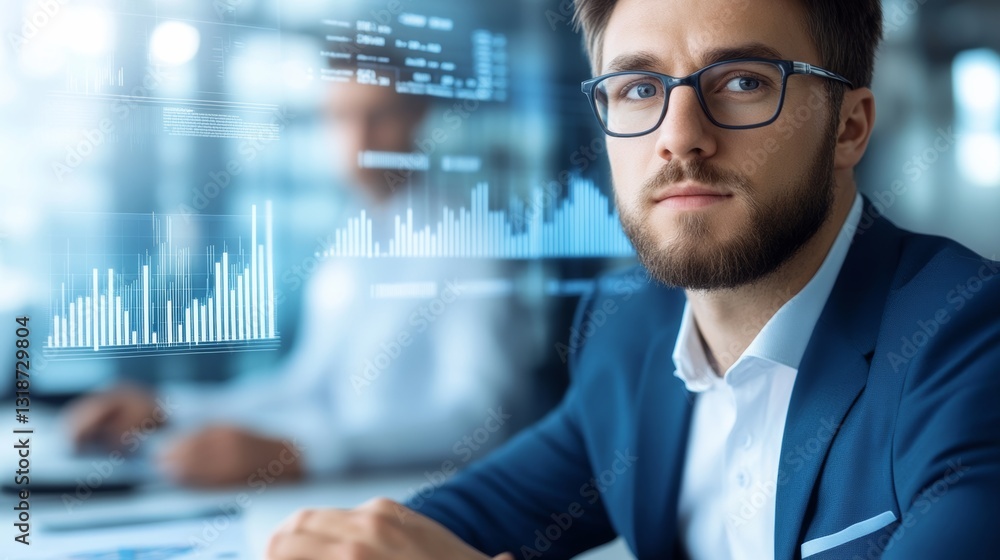 Poster man in a suit is sitting at a desk with a computer monitor in front of him. he is wearing glasses an