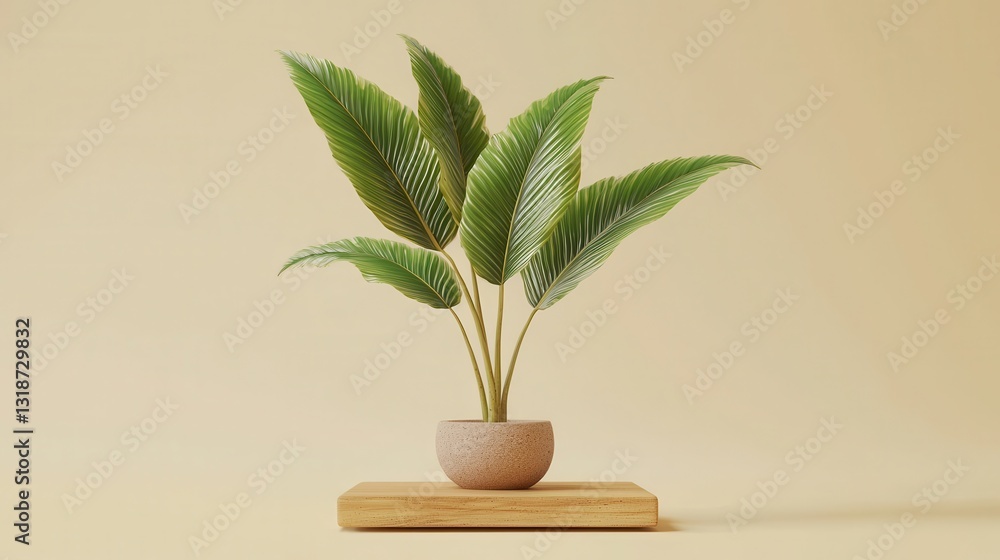 Poster minimalist 3d rendering of versatile plant displayed on a wooden base with soft background in neutra