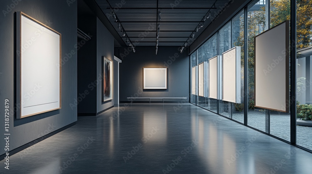 Poster visitors stroll through a contemporary art gallery filled with light, where empty canvases adorn the