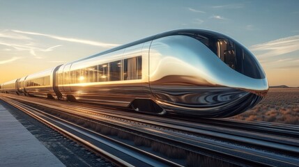 Naklejka premium Ultra-polished exterior of a futuristic train reflecting the sky travels through a desert landscape at sunset, showcasing modern t