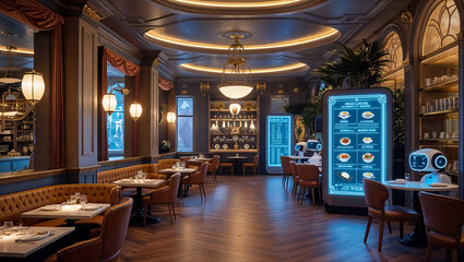 Futuristic restaurant interior with robot waiters serving food