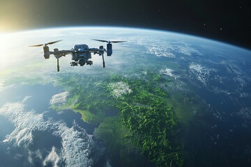 Fototapeta premium Drone orbiting Earth, showcasing advanced technology and global surveillance capabilities. High-resolution image perfect for technology, space, and exploration themes.