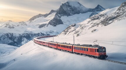 Red mountain train ascends snowy slopes beneath glacial peaks on winding tracks through a high altitude winter wonderland.