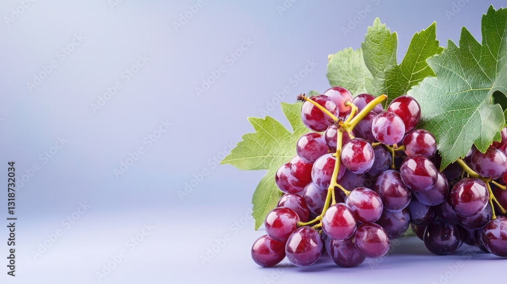 Poster a glossy deep purple grape with realistic lighting on a soft lavender background, allowing space for