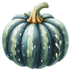Organic veggie concept. A beautifully illustrated pumpkin with green and yellow stripes, featuring a prominent stem and a small leaf, showcasing its unique texture and colors.