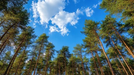 A serene azure sky adorned with pristine, fluffy clouds stretches above slender, leafy trees swaying gently, their green canopies reaching towards the heavens