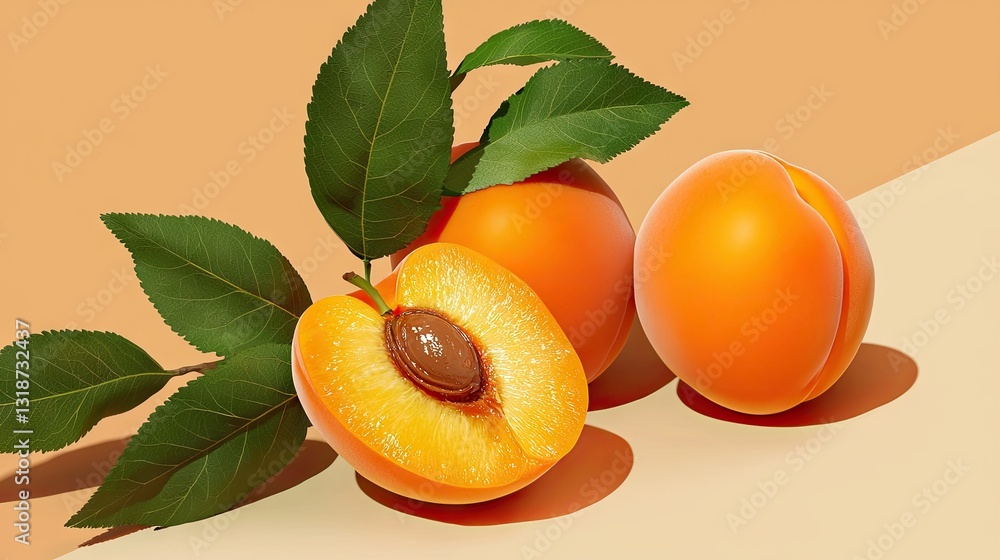Poster a golden ripe apricot sliced open on a peach-colored background, creating a warm and inviting aesthe
