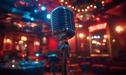 Vintage Microphone on Stand in Dimly Lit Bar Performing Stage