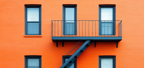 vibrant orange brick apartment building featuring black fire escape and balcony. contrasting colors create striking visual appeal