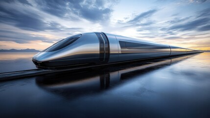 Obraz premium Futuristic high-speed train with sleek silver exterior reflecting a dramatic sunset sky