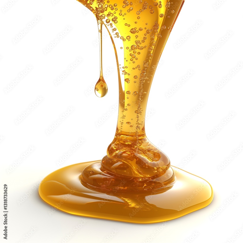 Poster a close-up shot of golden liquid syrup dripping gracefully, creating a mesmerizing pattern on a whit