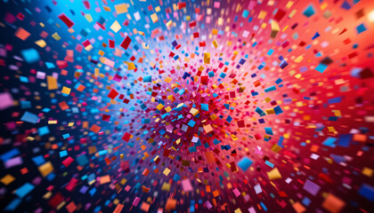 Abstract Explosion of Colorful Rectangular Shapes on a Blue-to-Red Gradient Background