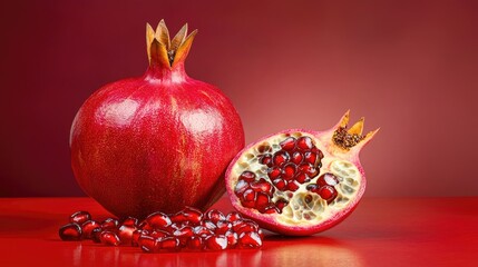 A juicy pomegranate split open on a deep red background, offering rich contrast and ample text space.