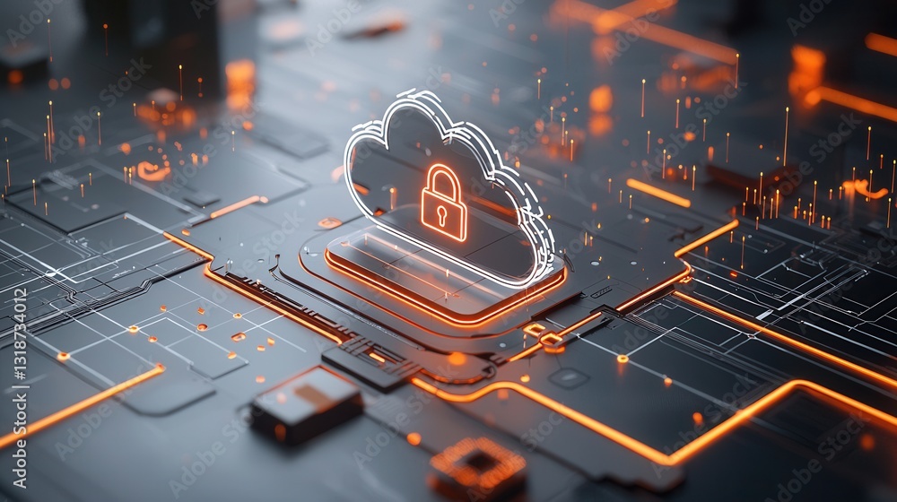 Poster digital cloud security representation showcasing encrypted data storage firewall protection and netw