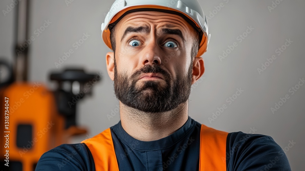 Poster man in a hard hat and orange vest is looking at the camera with a surprised expression. he is in a c