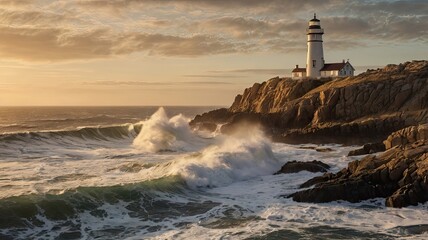 Obraz premium A lighthouse is on a rocky cliff overlooking the ocean